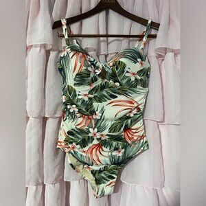 Kona Sol Tropical Floral One-Piece Swimsuit - Green & Coral